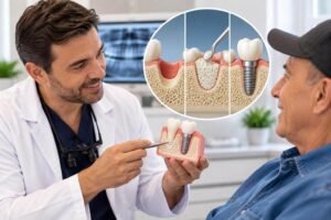 Dentista na Clínica Sculpere em Nova Campinas explica enxerto ósseo e implante dentário usando modelo anatômico para paciente sorridente.