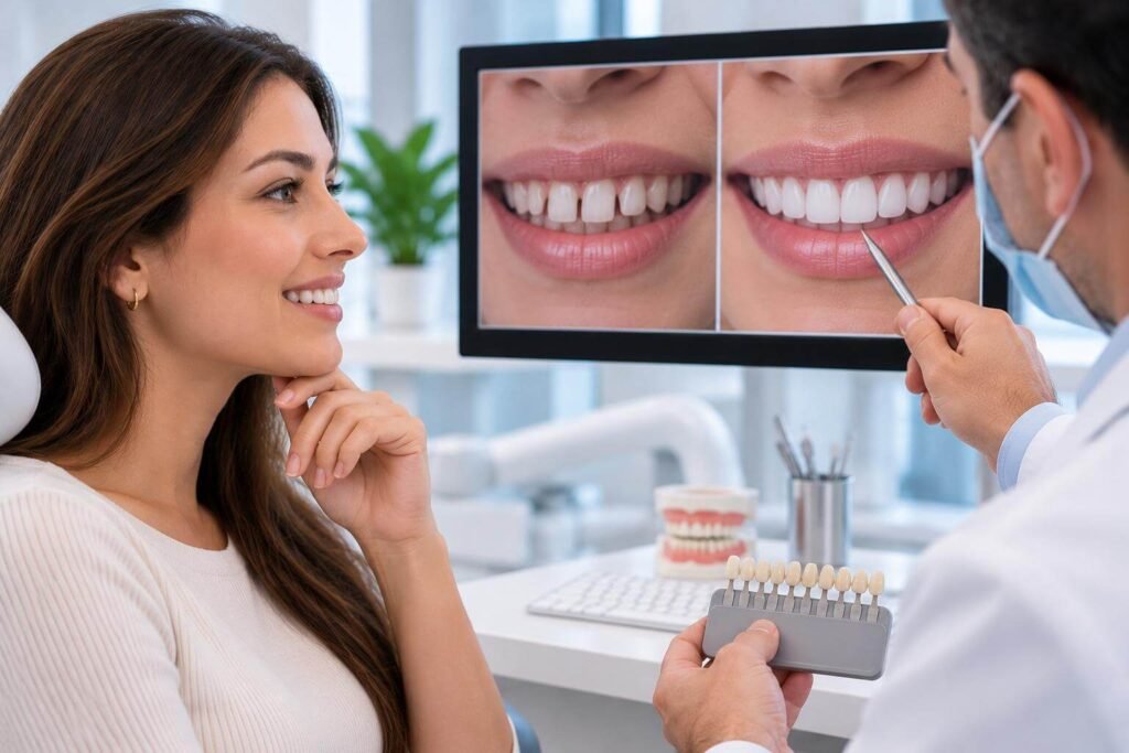 Mulher sorri no dentista observando tela com antes e depois de dentes tortos corrigidos com lentes de contato na Sculpere em Nova Campinas.